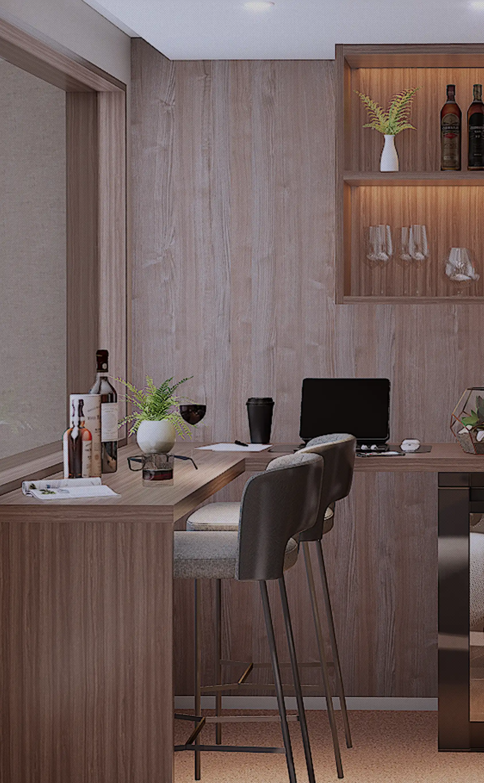 飲み物やワイングラスが並んだバーカウンター（主寝室）完成予想図[stage1]