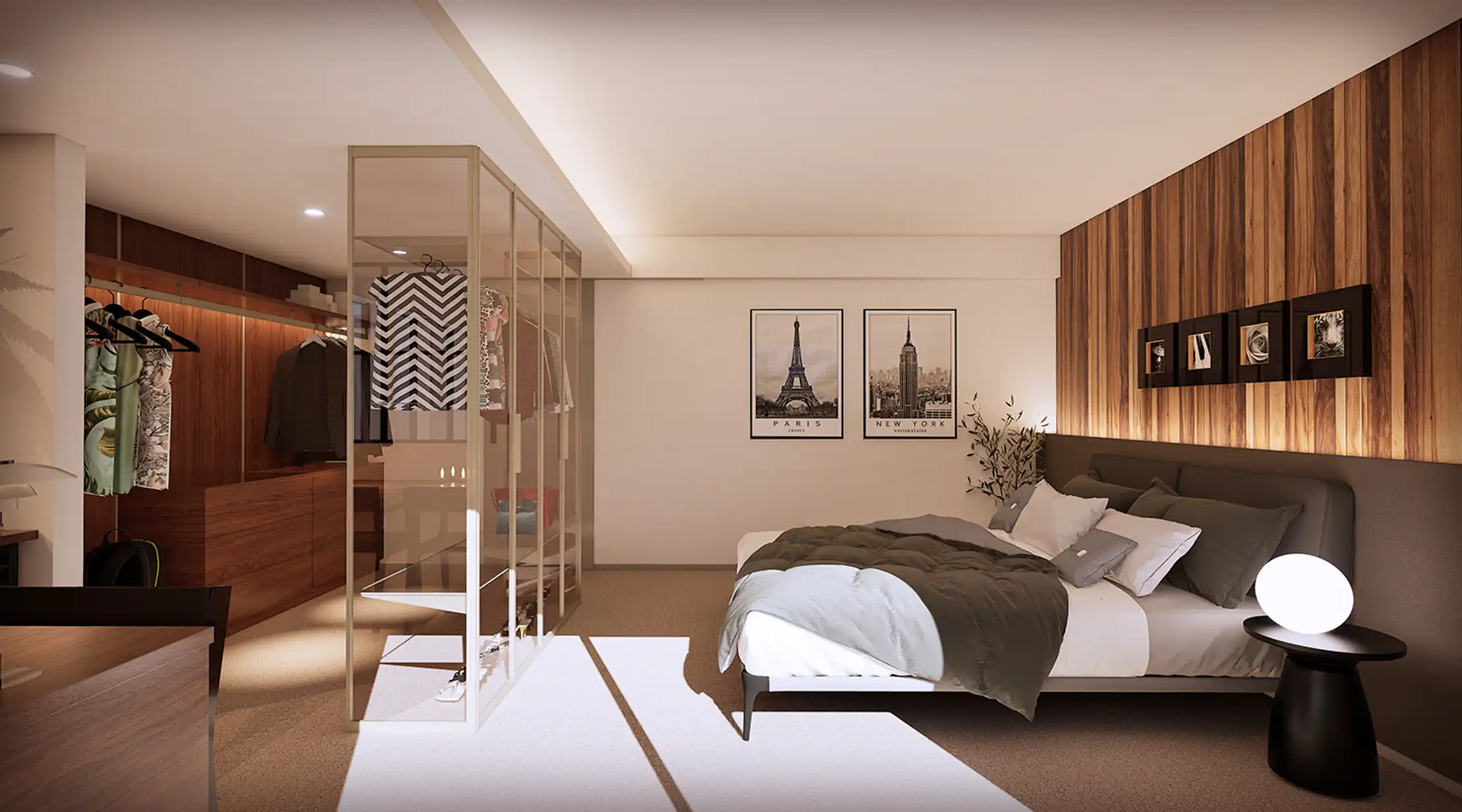 ベッドやウォークインクローゼットがある主寝室をバルコニー側から描いた完成予想図[stage1]