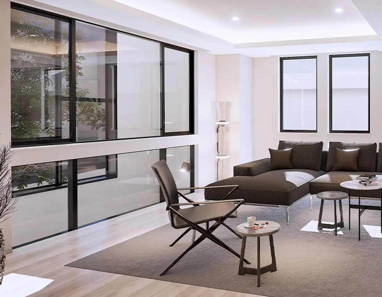 ソファの置かれたリビングの窓越しに外部吹抜と外の景色を描いた完成予想図[stage1]