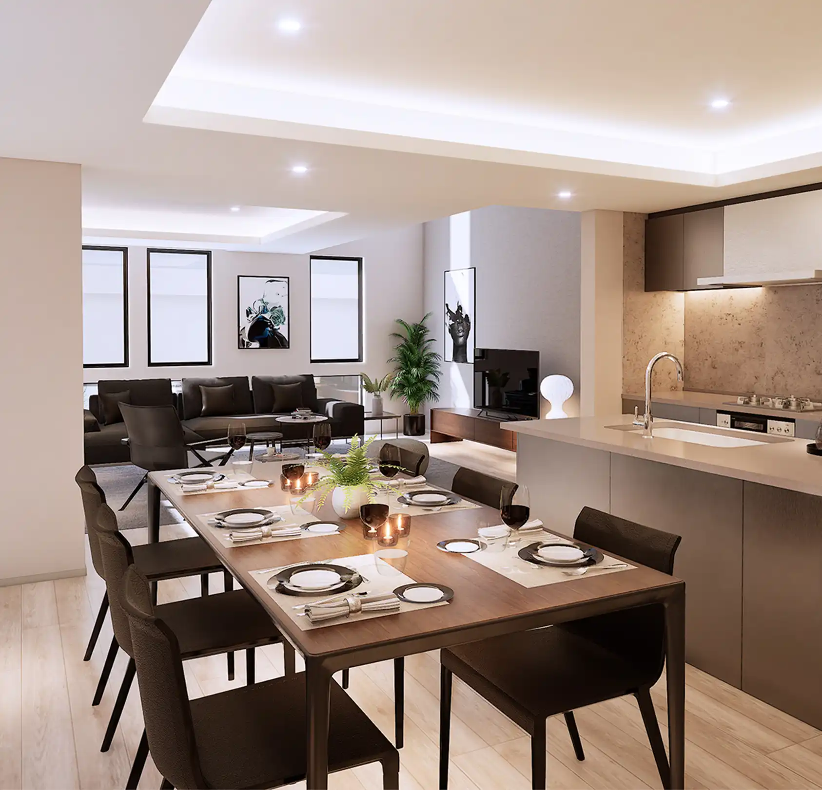 階段側からダイニングキッチン越しにリビング方向を再現した完成予想図[stage1]