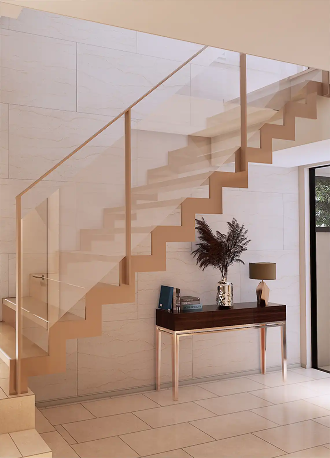 外部吹抜が見える窓とエントランスホール・階段を描いた完成予想図[stage1]