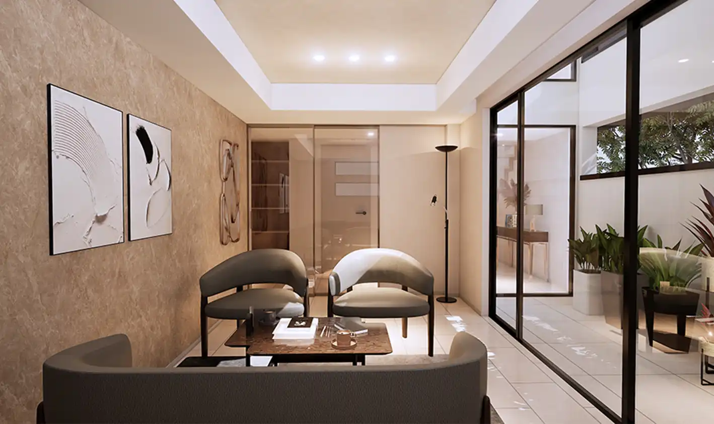 応接セットがある外部吹抜横のラウンジ完成予想図[stage1]