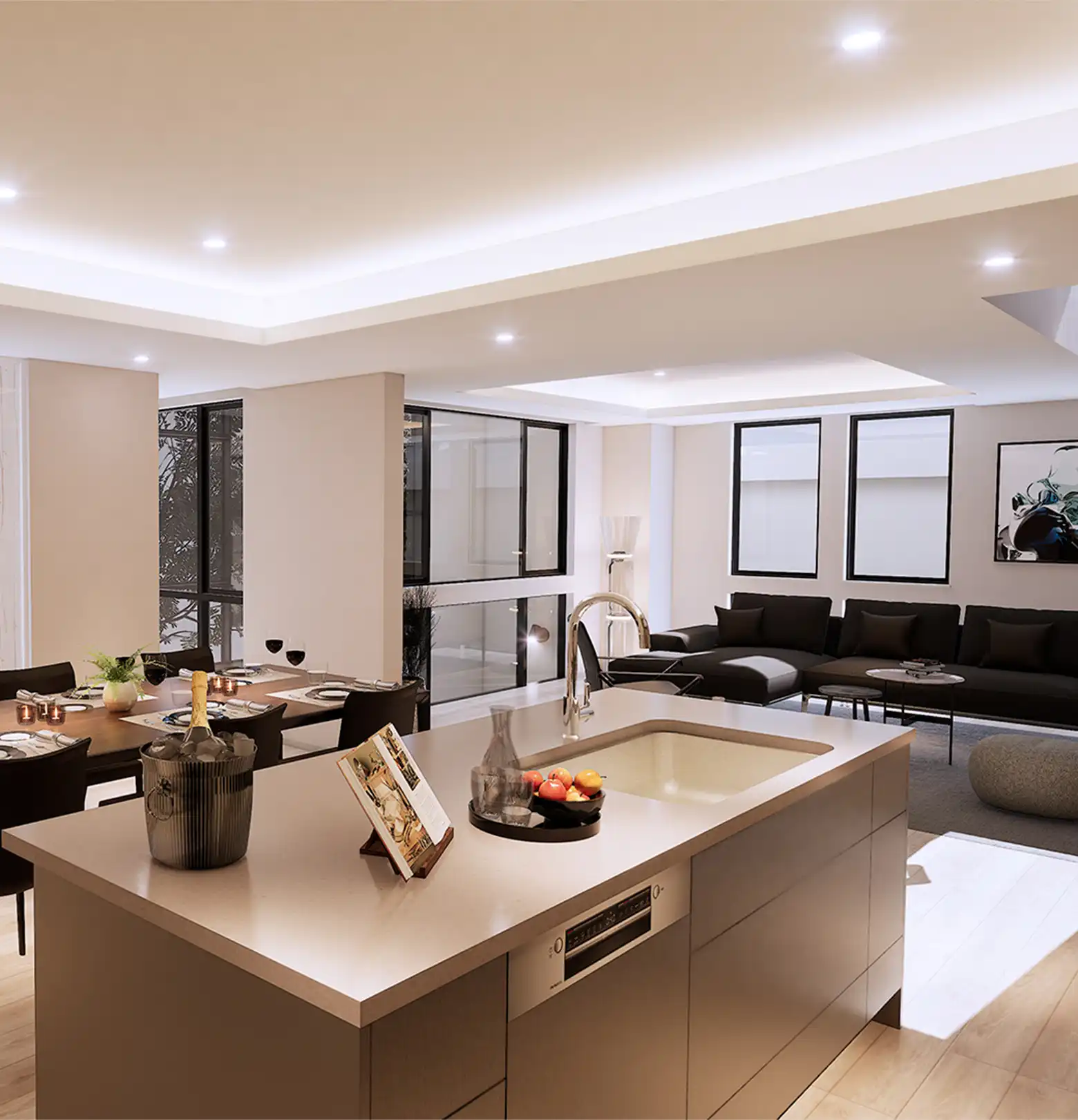 アイランドキッチン越しにリビング・ダイニング方向の眺めを描いた完成予想図[stage1]