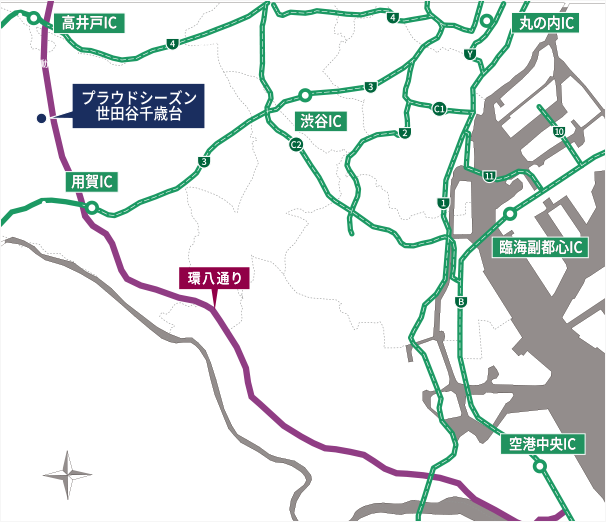 本物件からアクセスできる主要な高速道路・幹線道路を説明した概念図