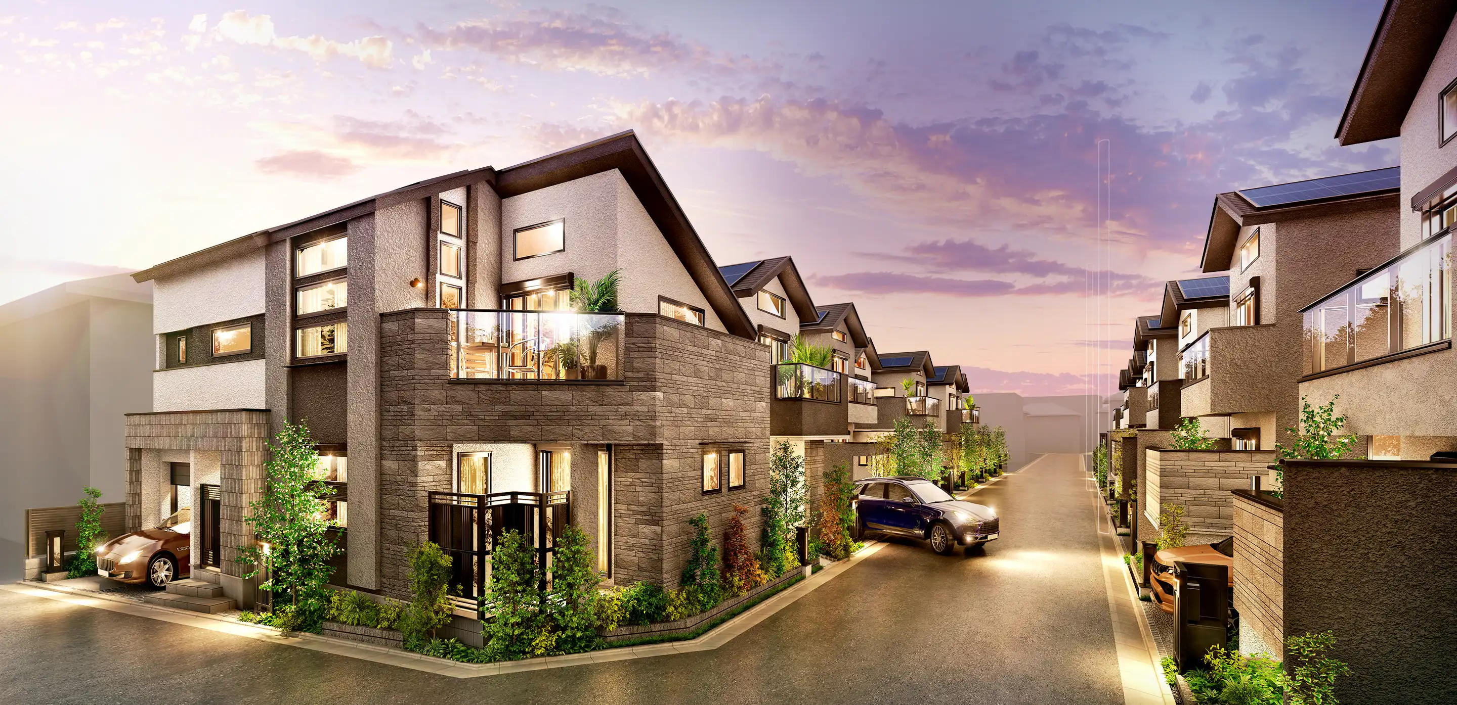 薄暮と街区照明で照らされる街並みが描かれた本物件完成予想CG画像