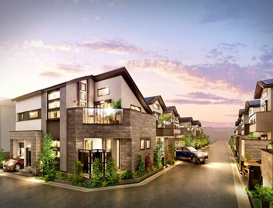 薄暮と街区照明で照らされる街並みが描かれた本物件完成予想CG画像