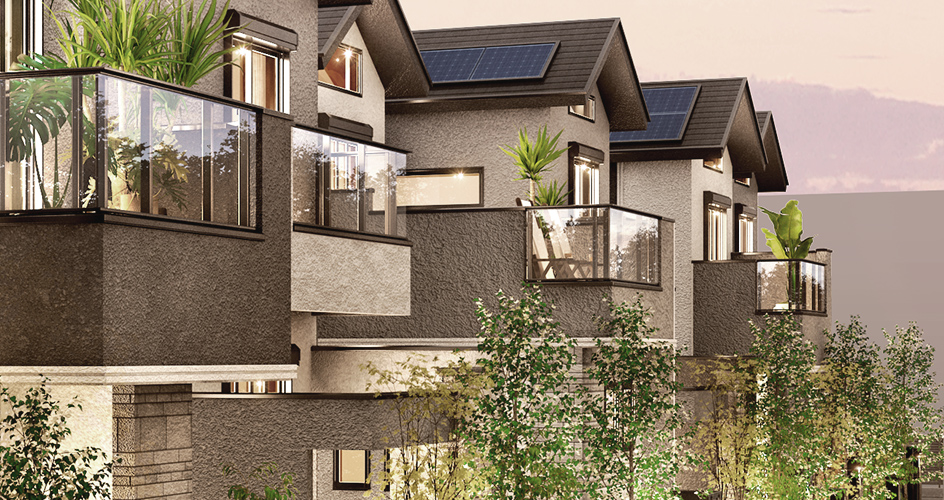 本物件の街並を描画したCG画像。2階付近にズームしたものでガラスパネルのバルコニーが並んでいます