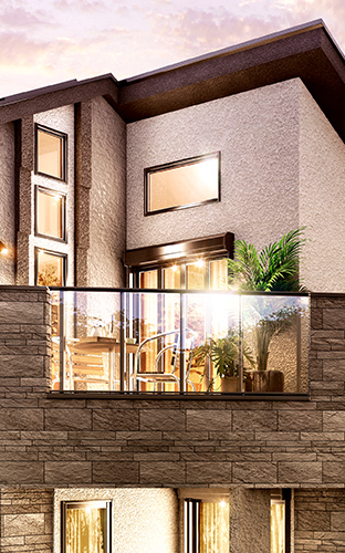 本物件の街並を描画したCG画像。ガラスパネルのバルコニーとその周辺のタイルの質感や室内からの光を表現しています