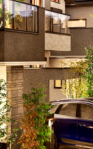 本物件の街並を描画したCG画像。鏡面タイルの庇をズームしたもの