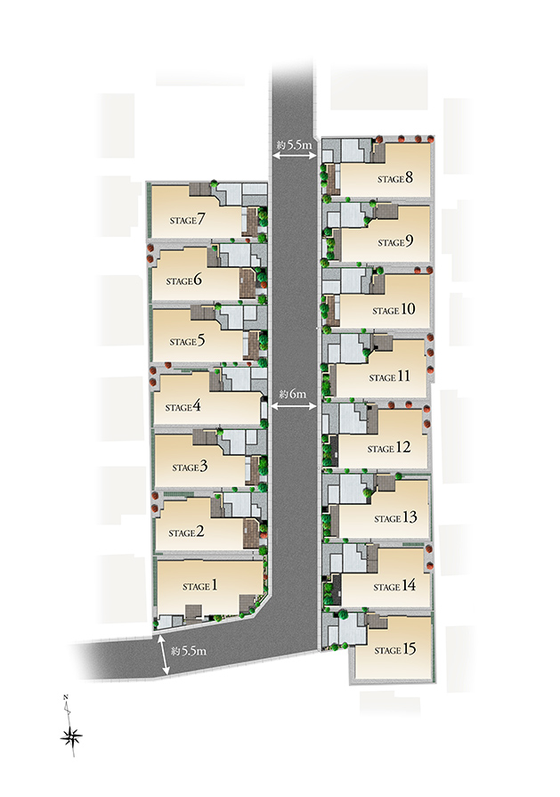 本物件の区画図。南北に伸びる約5.5m～6m幅員の道路に沿って各区画が並んでいます