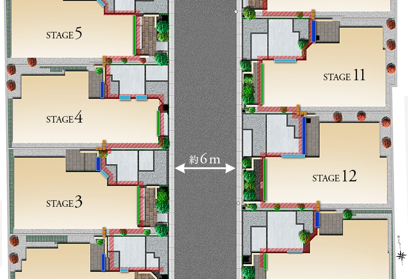 本物件のセキュリティラインを説明する概念図。電気錠門扉・電動シャッターや防犯ガラスに加え各区画の間への侵入を阻むようにアルミ列柱を設置する事で防犯対策をしています
