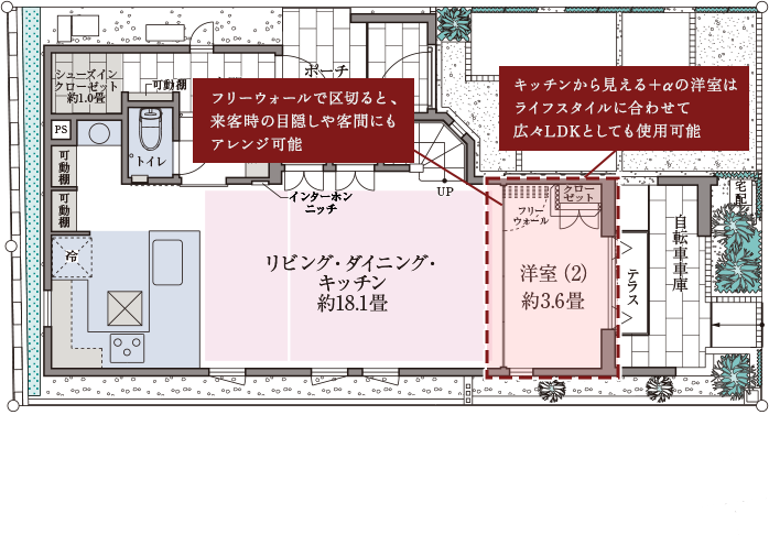 LDK横の洋室の使用方法を提案する画像。フリーウォールで区切り、来客時の目隠しや客間にアレンジが可能/キッチンから見える＋αの洋室はライフスタイルに合わせて広々LDKとしても使用可能