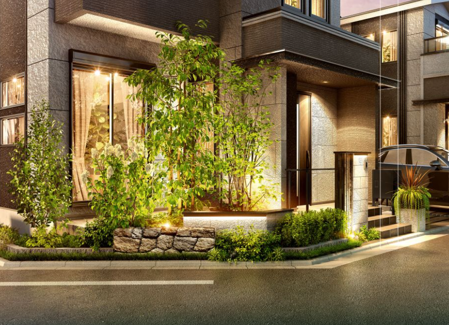 街の重厚感を演出するコーナーウォールやベンチ