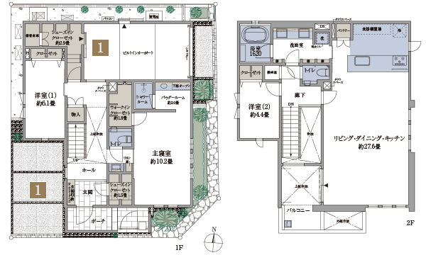 間取図(1階・2階)。ポイント1の位置を表示。