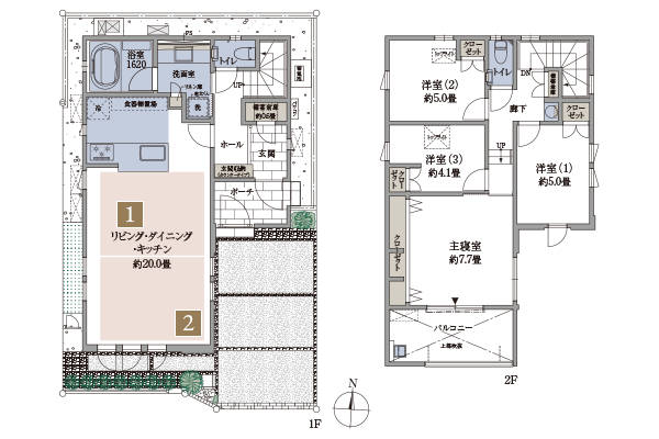 間取図(1階・2階)。ポイント1・2の位置を表示。
