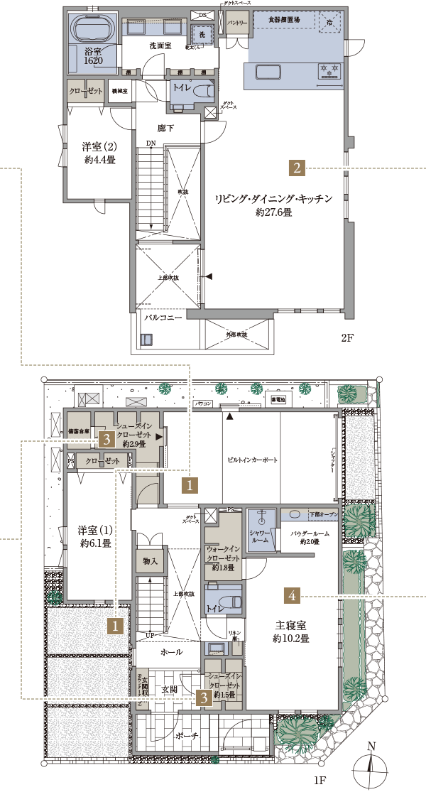 間取図(1階・2階)。ポイント1～4の位置を表示。