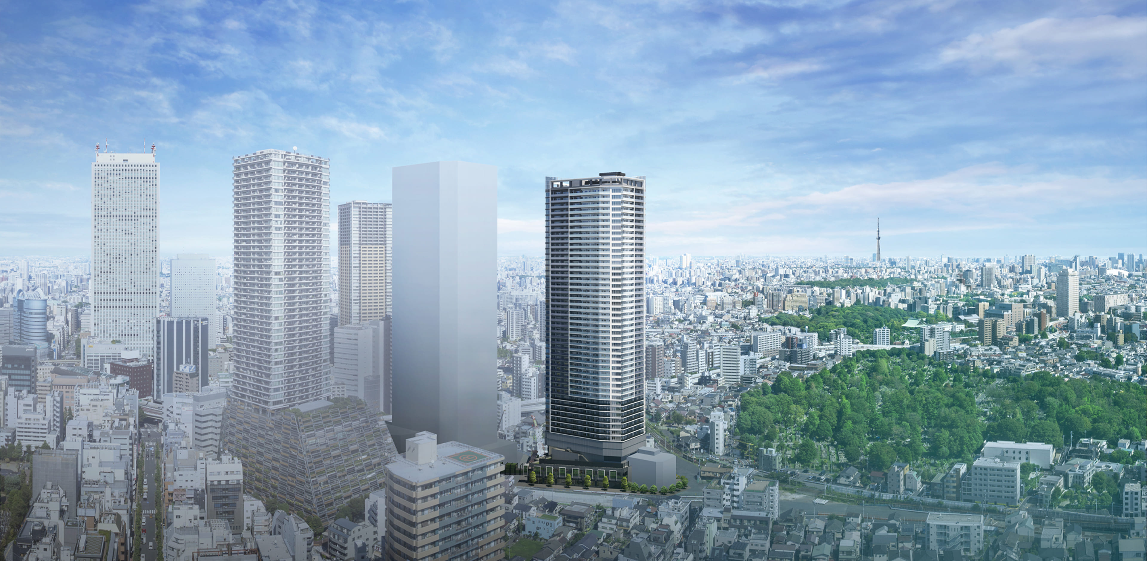 現地西側上空より臨む外観完成予想CG