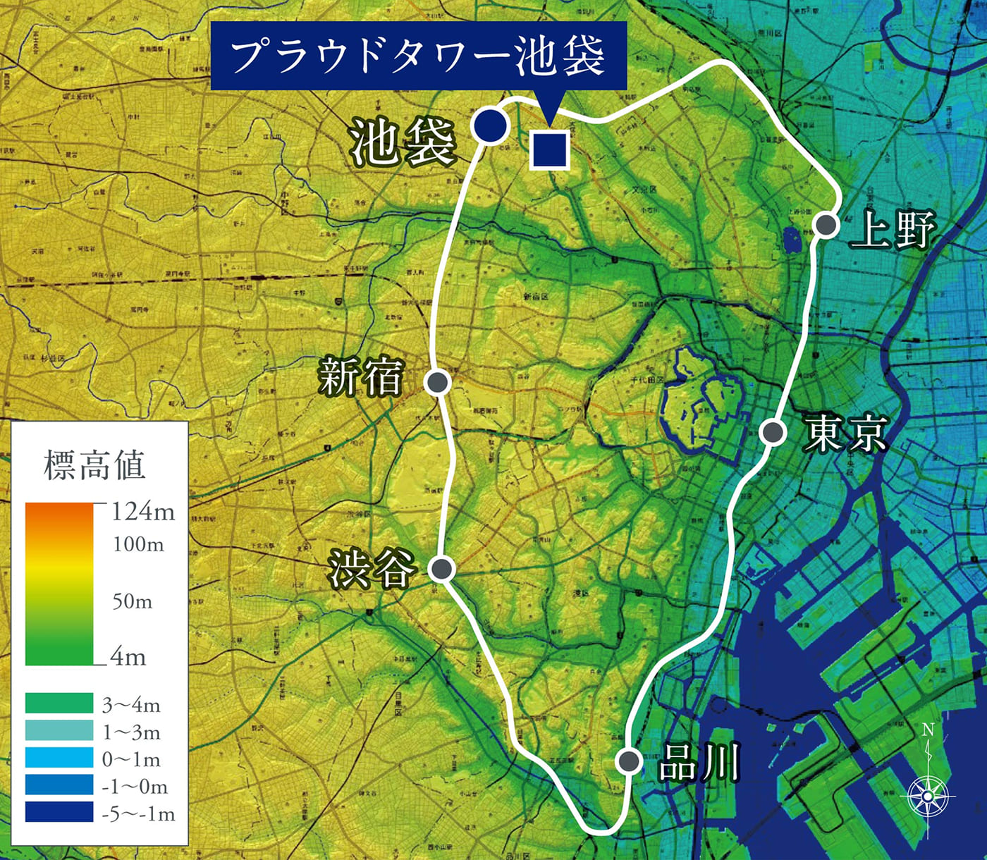 航空図。標高値によって色が変わっている。