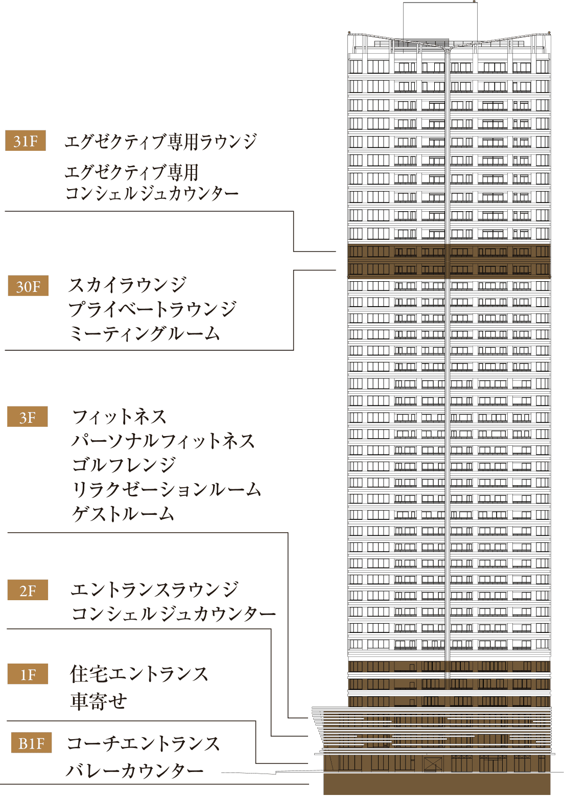 共用施設のフロアマップ。31Fエグゼクティブ専用ラウンジ・エグゼクティブ専用コンシェルジュカウンター、30Fスカイラウンジ・プライベートラウンジ・ミーティングルーム、3Fフィットネス・パーソナルフィットネス・ゴルフレンジ・リラクゼーションルーム・ゲストルーム、2Fエントランスラウンジ・コンシェルジュカウンター、1F住宅エントランス・車寄せ、B1Fコーチエントランス・バレーカウンター