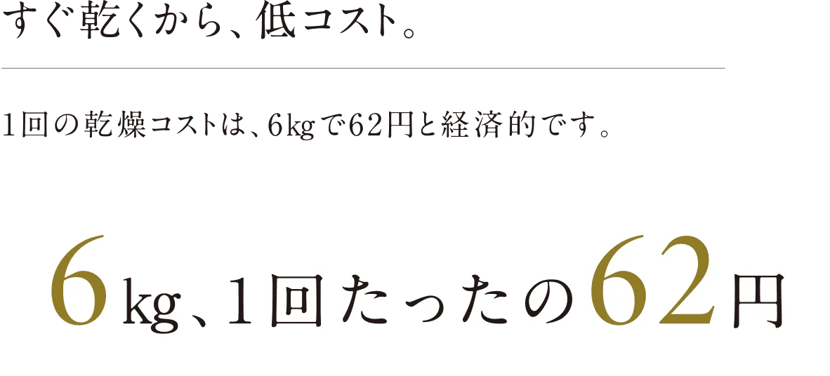 すぐ乾くから、低コスト。1回の乾燥コストは、6kgで62円と経済的です。