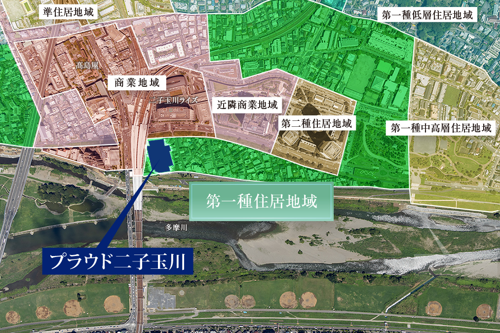 計画地周辺の航空写真※2023年8 月に撮影したものに、世田谷区都市計画図を基に用途地域を参考にCG加工を施したもので、実際とは異なります。