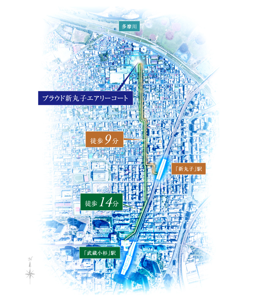 現地から新丸子駅へ徒歩9分、武蔵小杉駅へ徒歩14分