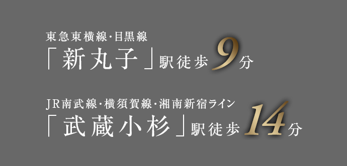 東急東横線・目黒線「新丸子」駅徒歩9分/JR南武線・横須賀線・湘南新宿ライン「武蔵小杉」駅徒歩14分