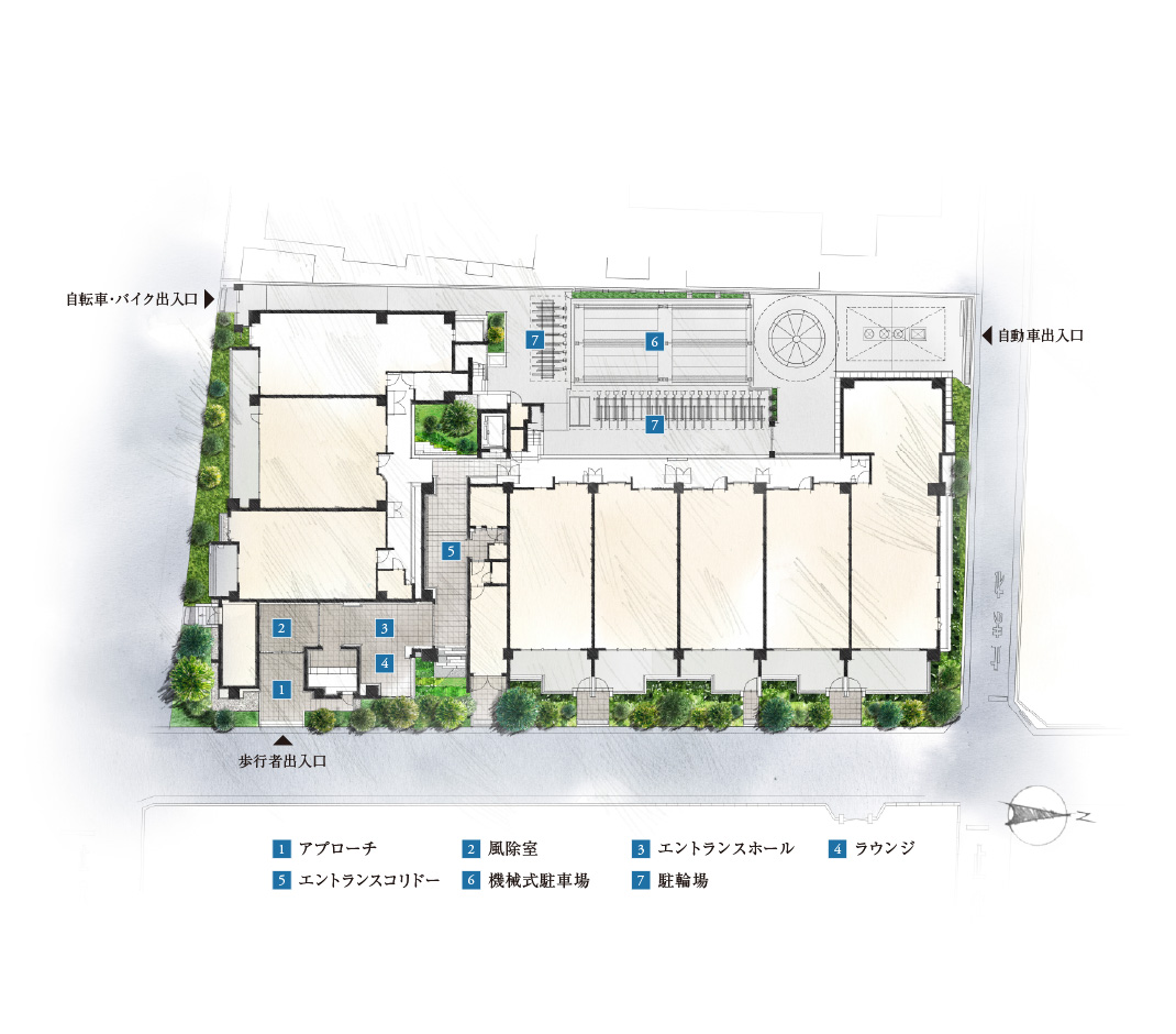 敷地配置図イラスト（1：アプローチ　2：風除室　3：エントランスホール　4：ラウンジ　5：エントランスコリドー　6：機械式駐車場　7：駐輪場）
