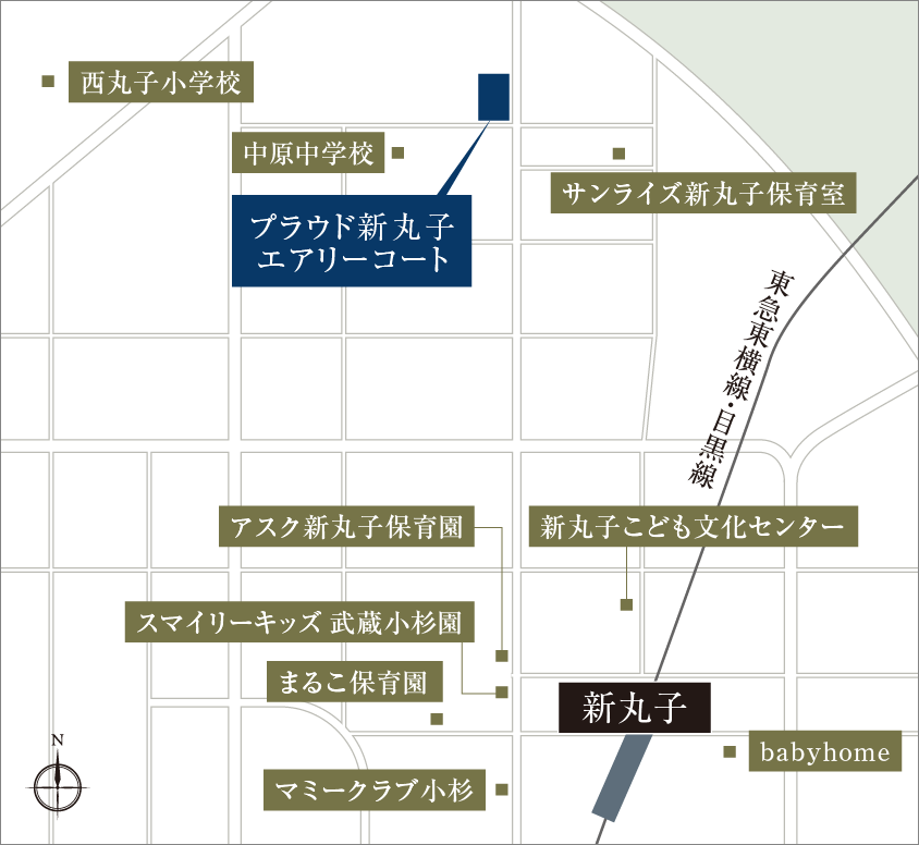 プラウド新丸子エアリーコート周辺・新丸子駅周辺の教育施設のエリア概念図