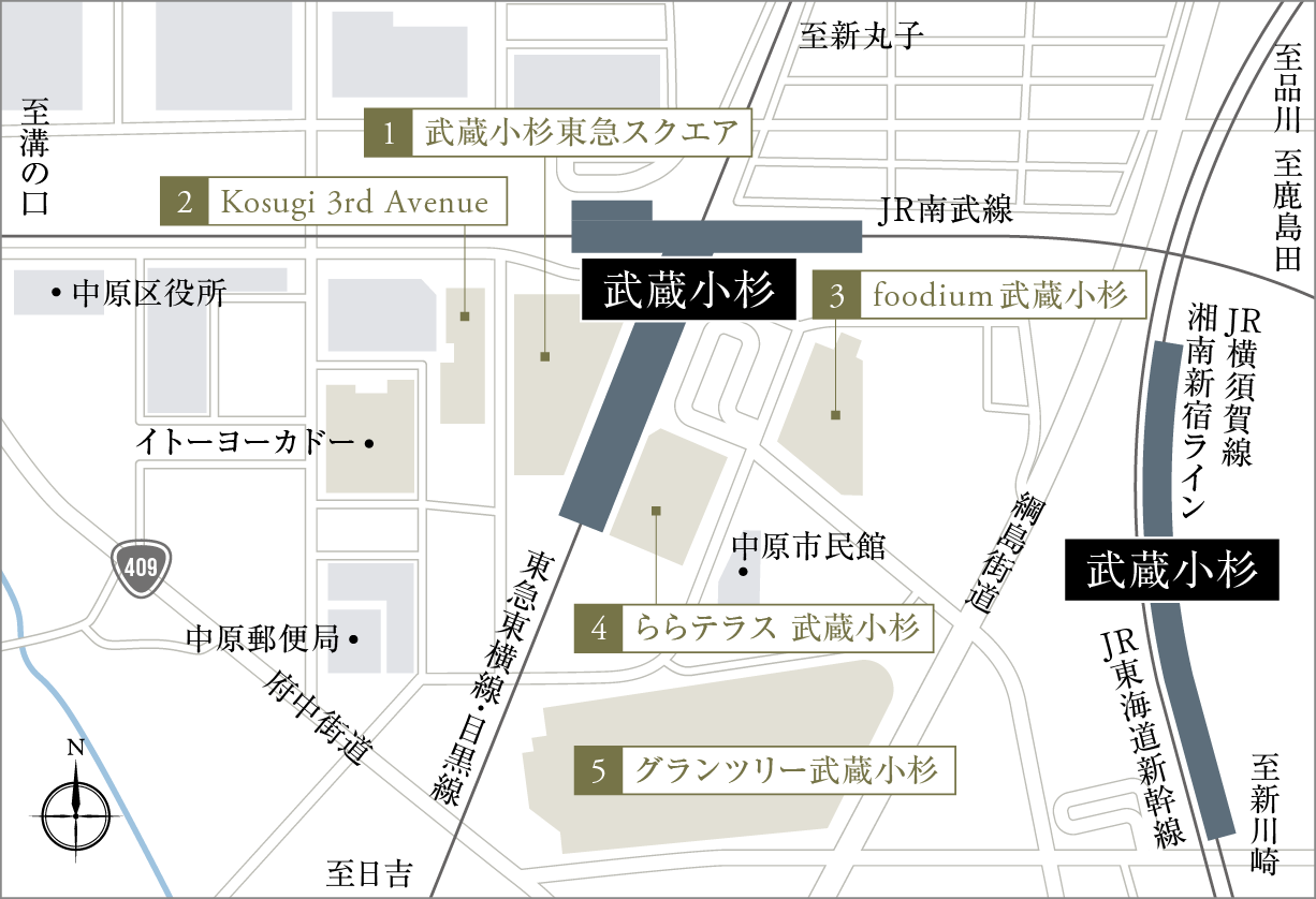 武蔵小杉駅周辺の大型商業施設のエリア概念図
