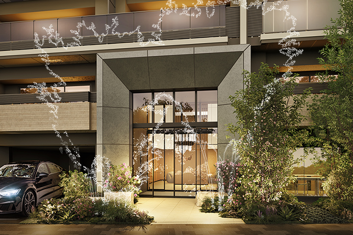 エントランスアプローチ完成予想CG※エントランスをご覧いただくために樹木を白線にしております 。