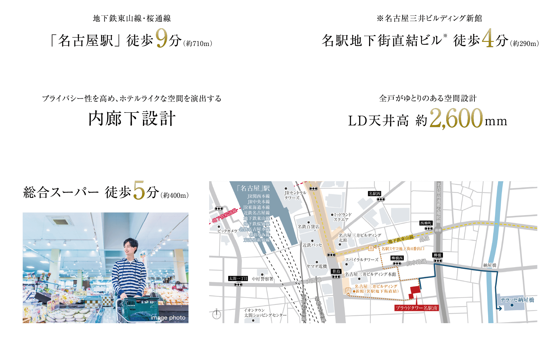 地下鉄東山線・桜通線「名古屋駅」徒歩9分（約710ｍ） ｜ 名駅地下街直結ビル※徒歩4分（約290ｍ）※名古屋三井ビルディング新館 ｜｜ 内廊下設計×天井高 約2,600ｍｍ ｜