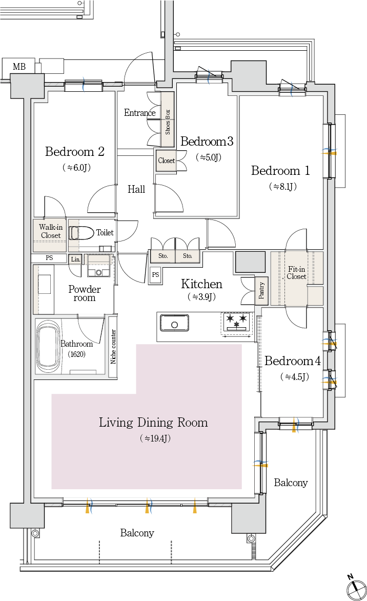 プレミアムタイプ・4LDK 南東角部屋 100.48㎡ 間取り図