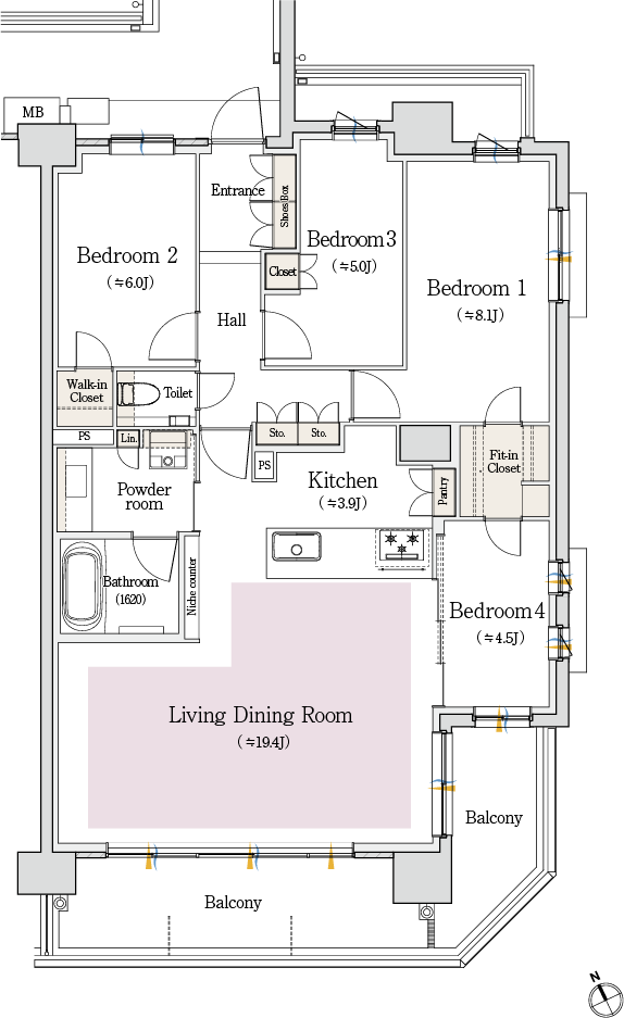 プレミアムタイプ・4LDK 南東角部屋 100.48㎡ 間取り図