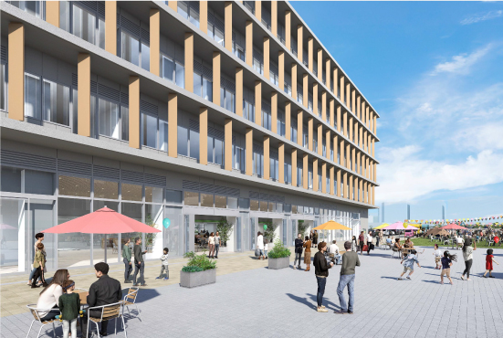 広場と区民ホールの一体利用のイメージパース※色・デザイン等は今後変更となる場合があります（提供 三菱地所株式会社）